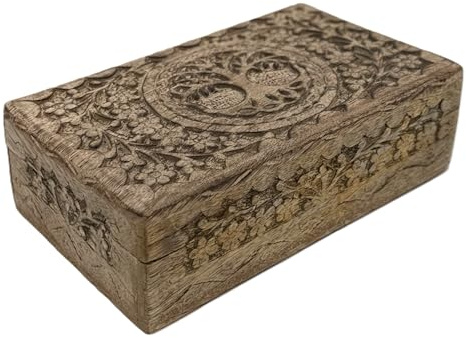 DharmaObjects Hand Carved Tree of Life Wooden Box Keepsake Storage Multi Utility
