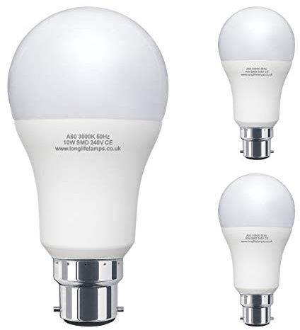 Long Life Lamp Company 3 Pack 10W GLS LED Light Bulb B22 Bayonet Very Bright 10w = 100w Warm White A60