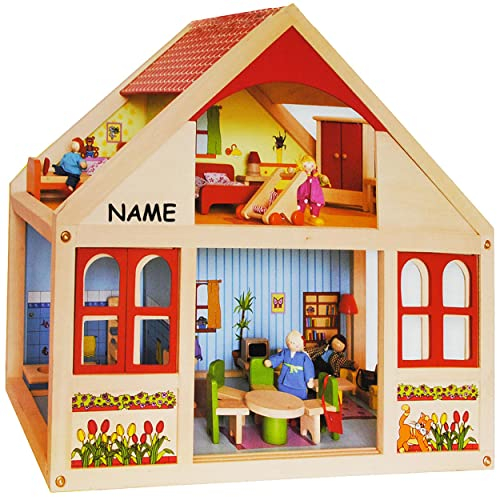 alles-meine.de GmbH großes Puppenhaus aus Holz incl. Name - Wohnhaus/Puppenstube - von Seite bespielbar - Puppenstuben - für Puppen - OHNE Möbel - für Kinder Haus - Spielhaus -..