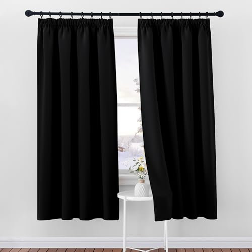PONY DANCE Black Curtains for Bedroom - Pencil Pleat Blackout Curtain for Living Room Sunlight Blackout Thermal Insulated Curtain Window Treatment for Kitchen, W46 X L72, 2 Panels