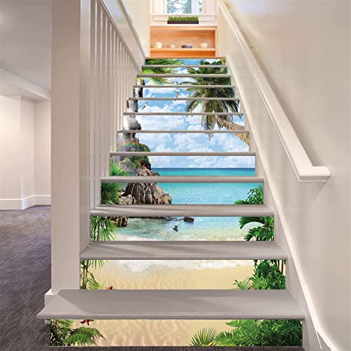 FLFK 13Pcs Stair Risers Stickers 39.37x7.08,Peel and Sick Vinyl Staircase Stickers Decals, Summer Palm Tree Beach Mural Wallpaper for Stair Steps
