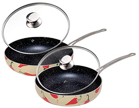 KITCHENLY Antihaftbeschichtete Bratpfannen mit Deckel – Granit-Bratpfannen mit Steinbeschichtung,Antihaft-Bratpfannen-Set,Elektro-,24.1 und 27.9 cm Pfannen,Chili – 2 Stück