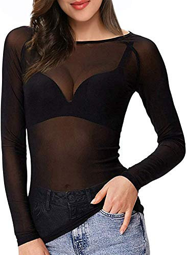 Womens Long Sleeve Stretch Plain Round Scoop Neck T Shirt Top Ladies Fitted Tee (Black - Mesh Top, 20-22)