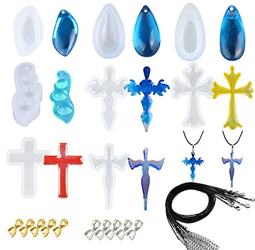 Woohome 8 PCS Jewelry Casting Mould with Pendant Buckle, Black Wax Rope, Crystal Stone Resin Casting Mould and Cross Silicone Resin Moulds for Pendant, Resin Crafts DIY
