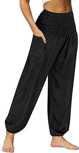 Nuofengkudu Herren Hippie High Waist Haremshose Leicht Pumphose Harem Hosen Locker Schlicht Baggy Boho Viskose Pluderhose Yoga Pants Sommerhose Freizeithose Pyjamahose Thaihose Homewear Schwarz XL