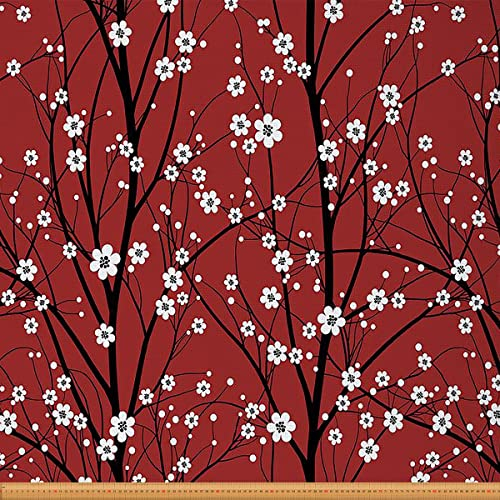 Kirschblüten Stoff Meterware Polsterstoff im japanischen Stil für Stühle schicker floraler dekor wasserdichter Outdoor Stoff Frühlings weißer Blumenzweig für den Innenbereich 460x150(HxB) Rot Schwarz