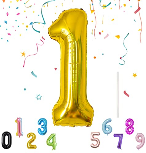 Gigante Globo de Cumpleaños 101cm/40 con una Pajita, Globo de Cumpleaños para Aniversario Fiesta Decoración, Globo Años Cumpleaños, Globo Número Reutilizables - Globo Numero 1 Dorado