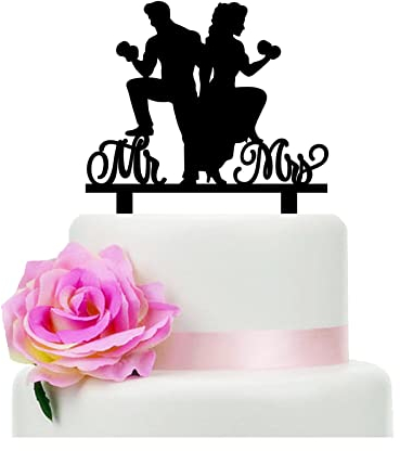 Dumbbell Wedding Cake Topper - Fitness-loving Groom and Bride Exercising with Dumbbells - Fitness Wedding Cake Topper for Wedding Anniversary and Bridal Shower Party Decor