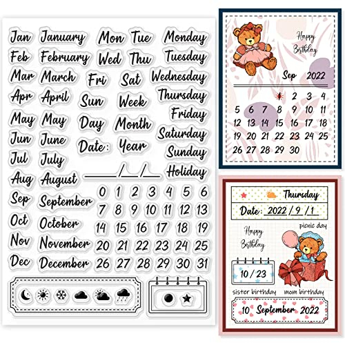 GLOBLELAND Kalender Hinweis Klare Stempel für DIY Scrapbooking Dekor Datum Wochentag Monat Wetter Text Transparente Silikonstempel zum Erstellen von Karten Fotoalbum Dekor 148x21x3mm