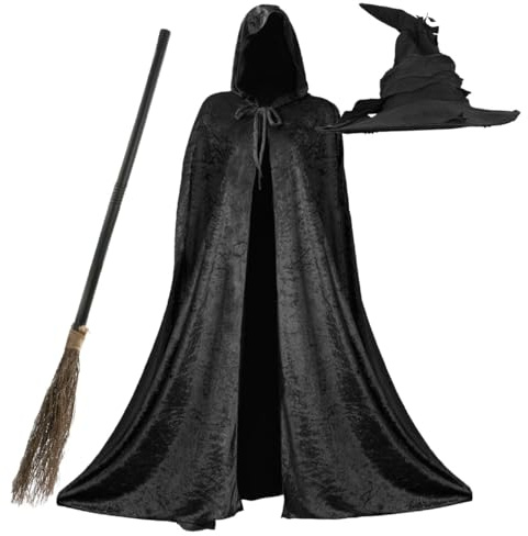 Ladies Halloween Witch Fancy Dress Up Costume - Black Witches Hat - Hooded Velour Cape - 3 Piece Broom Stick Adults Halloween Outfit Party Trick or Treat