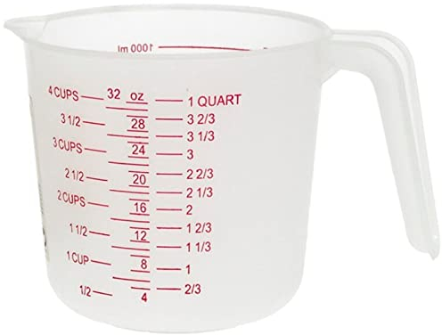 Tradineur - Jarra medidora de plástico, recipiente para medir alimentos líquidos y sólidos, cocina y repostería, transparente, 12 x 12,5 cm, 1 litro
