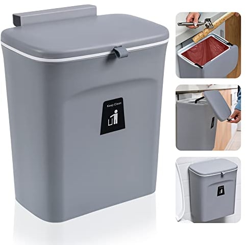 Hanging Trash Can with Lid, 9L Kitchen Bin with Sliding Lid, Plastic Cupboard Bins for Kitchen, Applicable to Cabinets, Kitchen, Motorhome, Bathroom, Bedroom, Living Room, Office