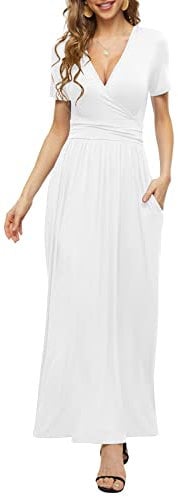 PCEAIIH Women's Maxi Dress Casual Deep V Short Sleeve Floral Ladies Wrap Long Dress with Pockets XXL White