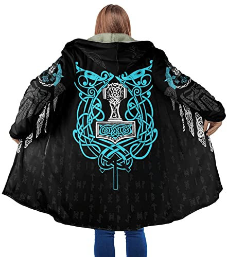 Veste extérieure coupe-vent Mjölnir 3D pour hommes Manteau coupe-vent à capuche mi-long en laine d'agneau et coton Viking Tattoo Poncho cape de sport décontracté pour l'hiver (Color : Thor's Hammer X