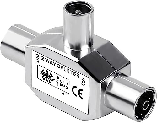 Pencilupnose TV Aerial Coax Splitter, Coaxial Metal Housing, 2 Way 1 Male to 2 Female Adapter Connector Joiner