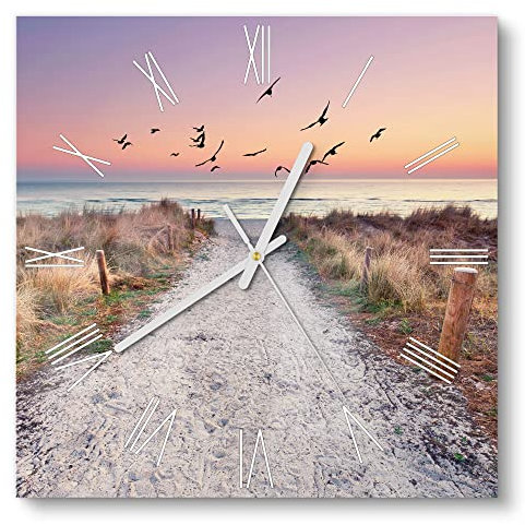 DEQORI Glasuhr | 30x30 cm | Motiv Strandaufgang zur Ostsee | ausgefallene leise Design Uhr aus Glas | Wanduhr für Wohnzimmer & Küche | Moderne Hingucker Uhr für die Wand