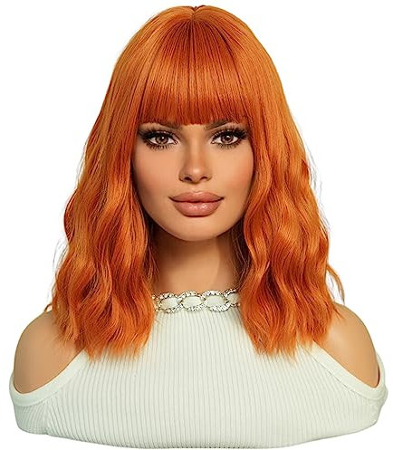 7JHH WIGS 14 Zoll Ginger Short Curly Bob Perücke, Neon Short Bob Perücke Bunte Cosplay Perücke Haarteil für Bachelorette Party Neon Geschenk, Halloween Dekoration