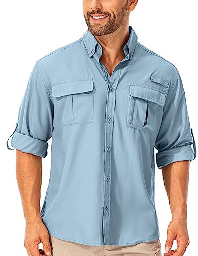 mosingle Men's Long Sleeve Hiking Shirt, Sun UV Protection Safari Fishing Outdoor Shirt Quick Drying Lightweight Walking Travel Shirts #5053-Blue-L
