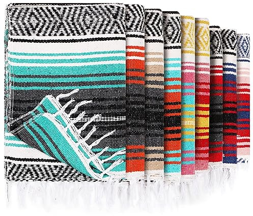Peryiter 9 Pcs Mexican Blanket Bulk Large Yoga Blanket Striped Falsa with Fringed for Outdoor Beach Picnic Couch, 45 x 70 inch(Bright Colors)