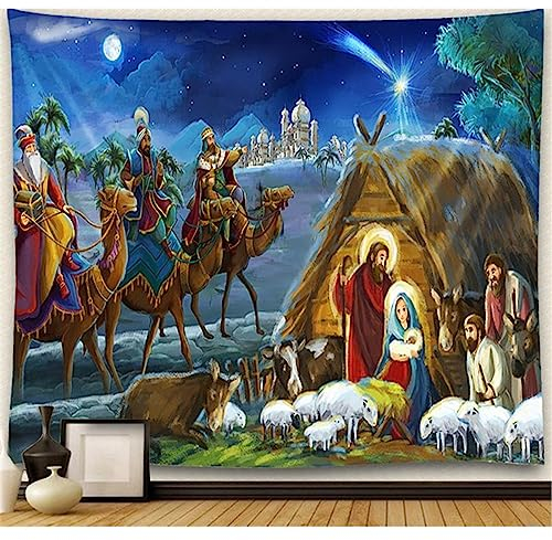 MEKPAM Krippe Wandteppich Jesus Geburt Krippe Scheune Wandbehang Engel Ostern Weihnachten Wanddeko Christus Wandteppiche Raumdeko 230x180cm