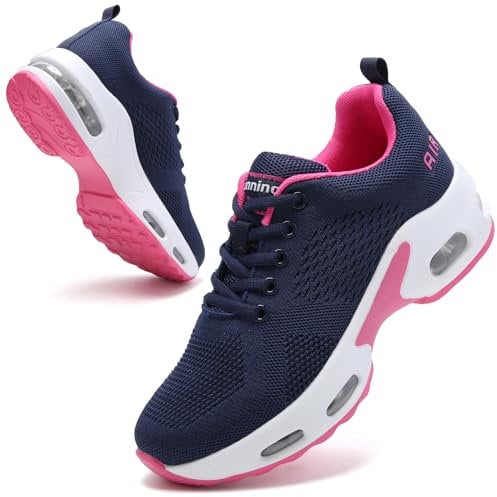 Womens Runnig Trainers Arch Support Memory Foam Gym Shoes Ladies Lightweight Mesh Air Cushion Walking Sneakers Navy Rose UK 6