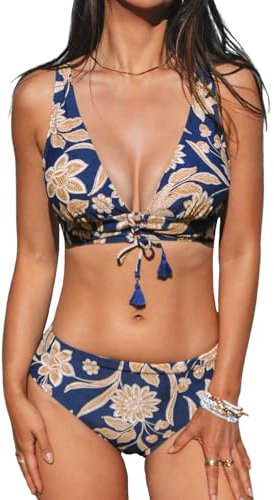CUPSHE Damen Bikini Set V Ausschnitt Lace Up Mid Waist Paisley Bademode mit Quasten Reversible Bikinihose Zweiteiliger Badeanzug Swimsuit Marineblau/Paisleymuster M
