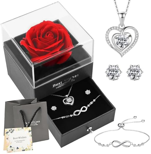 Ewige Rose Schmuckset, Herz Silberkette Ohrringe Armbänder Geschenkbox, mit Grußkarte & Geschenktasche, Überraschung & Viel Liebe, Muttertag Valentinstag Geburtstag Unvergessliches Geschenk für Frauen