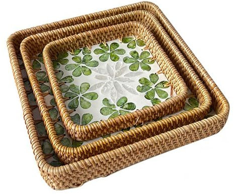 Plateau de Service en Rotin Tissé à la Main 3 Pièces Plateau en Rotin Carré Ensemble de Coquilles en Rotin Plateau de Service en Rotin Panier en Osier Décoratif Centres de Table Décor pour(#4)
