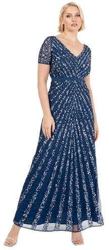 Maya Deluxe Womens Maxi Ladies Embellished Sequin Long Short Sleeve V Neck High Empire Waist Cut Shiny Prom Wedding Bridesmaid Dress French Navy Size 8