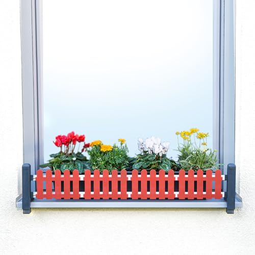 GREEN CREATIONS masu Basisset Anthrazit, Blumenkastenhalterung ohne Bohren, Absturzsicherung, Fensterbank, stufenlos verstellbar 78-140cm (Dekorelemente: Classic, Tomatenrot)