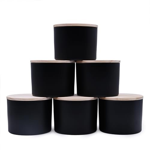 SHOWIN Tarros gruesos para hacer velas, 6 unidades, tarros vacíos negros de 18 onzas con tapas de madera para hacer velas, recipiente de muestra, apto para lavavajillas, negro mate