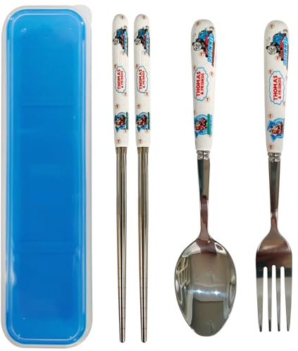 Besteck Set, Thomas und Friends Gabel Löffel und Essstäbchen Set Mit Besteckbox, Hochwertiges Edelstahlbesteck, Selbsternährende Lernutensilien für die Verwendung zu Hause, Büro, Schule und zur Reisen