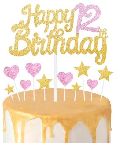 Gold Pink 12th Birthday Cake Topper, Girls 12th Birthday Decorations, Glitter Heart Stars Cake Toppers, Personalised Happy Birthday Cake Cupcake Toppers for Women Girls Baby Birthday Party Supplies