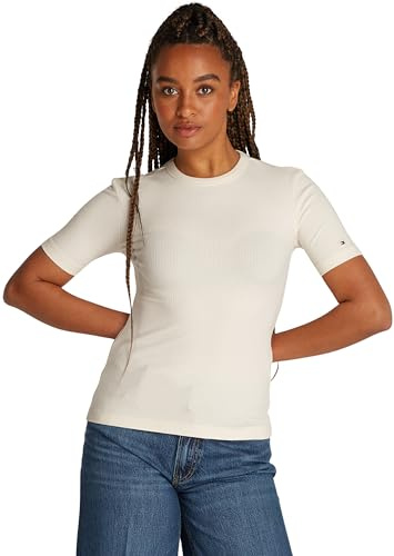 Tommy Hilfiger Damen T-Shirt Kurzarm Rib Rundhalsausschnitt, Beige (Calico), XL
