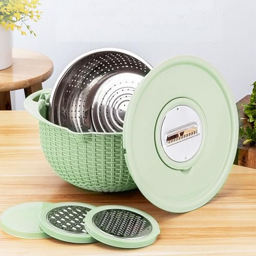 Colador 4 en 1 con Juego de Cuencos para Mezclar, Colador Giratorio de 2 Capas de Acero Inoxidable, Mango Ergonómico, Versátil Cuenco para Lavar Verduras, Limpiador de Frutas, Lavado de(Green)