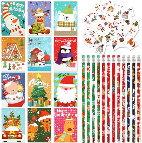 HOWAF Bleistift Weihnachten mit Radiergummi und Klein Notizblock Weihnachten, Tattoo Kinder Give Away Weihnachten Mitgebsel Weihnachten, Adventskalender, Kindergeburtstag, Piñata