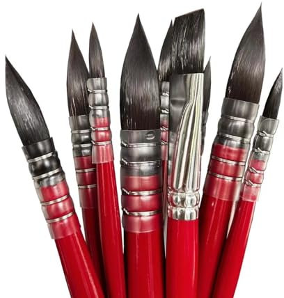 tumuarta Lot de 9 pinceaux aquarelle à manche court en poils d'écureuil synthétiques n° 0-8 8 ronds, 1 plat (rouge)