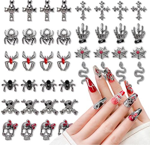CHANGAR 40 Stück 3D-Halloween-Nagelkunst-Charms, Vintage-Punk-Legierung, Nagelanhänger, Totenkopf, Geist, Fledermaus, Spinne mit Strasssteinen, Legierung, Nagelkunst, Schmuck für Halloween, DIY,