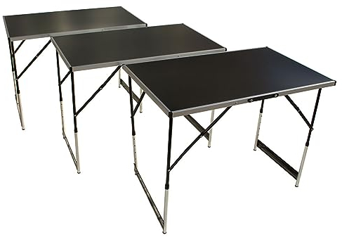 Lemodo 3-teiliger Arbeitstisch klappbar in schwarz, multifunktionaler Tapeziertisch und Campingtisch, höhenverstellbarer Mehrzwecktisch, Malertisch, Profi-Tapeziertisch bis 30kg belastbar