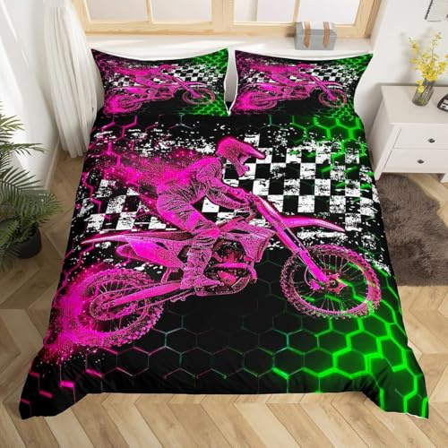 Loussiesd Parure de lit 2 pièces avec housse de couette motif motocross, noir, rose, rouge, vert, nid d'abeille, pour garçon, motif silhouette de moto, fermeture éclair