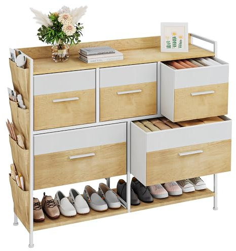 Hzuaneri Kommode, Schrank, 5 Schubladen mit extra Kapazität, Aufbewahrungsschrank mit Schuhregal, Kleiderschrank, für Wohnzimmer, Schlafzimmer, Flur, 110 X 30 X 95 cm, Eiche-Weiß DU09502W