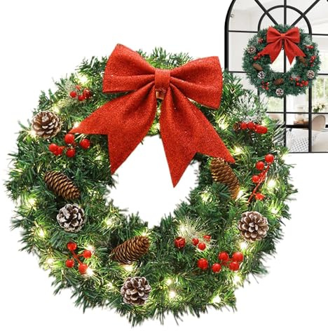 Couronne de Noël artificielle pré-éclairée avec nœud papillon rouge - Couronne d'hiver lumineuse - Couronne de porte de Noël de 50 cm - Fournitures de fête pour porte, mur, cheminée, décoration de