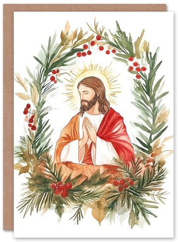 Artery8 Jesus Christ Pine Leaf Holly Wreath Blank For Him Or Her Art Xmas Festive Christmas Card