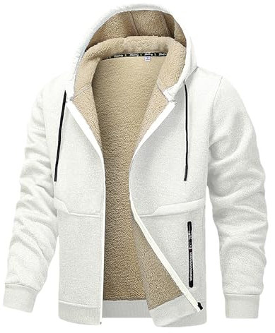 ANUFER Uomo Termico Sherpa Foderato in Pile Felpa Giacca Antivento Cerniera Cappuccio con Tasche SN0710117 Bianco S