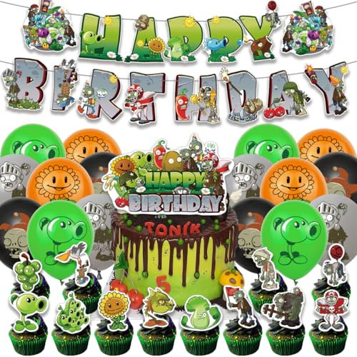 Juego de decoración de fiesta de cumpleaños de plantas, decoraciones de fiesta de zombi, suministros de decoración de fiesta de niños, globos de fiesta, decoraciones de pasteles, pancarta de feliz