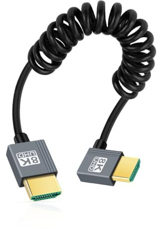 CY-Kabel, HDMI 2.1-Stecker auf HDMI-Stecker, 8K 60 Hz, dehnbares Spiralkabel, links abgewinkelt um 90 Grad, für HDTV, Computer, Laptop-Monitor