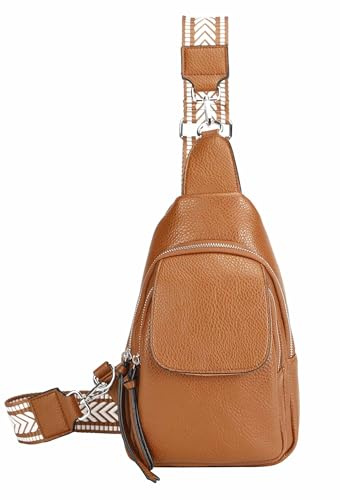 OBC Damen Crossbody Sling Tasche Rucksack Bodybag Crossbag Crossover Schultertasche Gürteltasche Brusttasche Umhängetasche Cognac V1