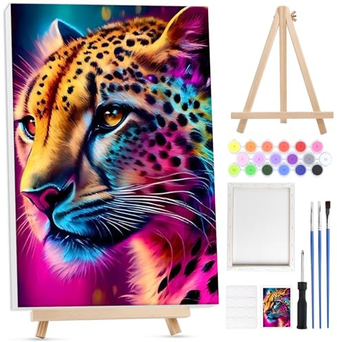 Lxmsja Guépard Peinture Numero Enfant Adulte avec Cadre, avec Chevalet en Bois, Peinture par Numero Adulte Animaux, Numéro d'art avec Pinceaux, Loisirs Créatifs Activité Manuelle Adultes, 20x30cm