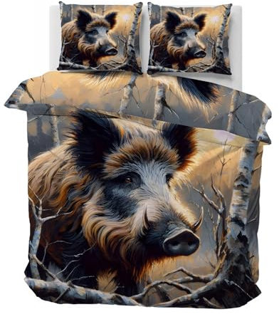 CCZM Wildschwein Bettwäsche 155x220 - Tierwelt Bettbezug 155x220 - Aquarell Wildschwein Wendebettwäsche und 2 Kissenbezug 80x80, Warm Mikrofaser Bettwäsche-Sets mit Reißverschluss, J-948