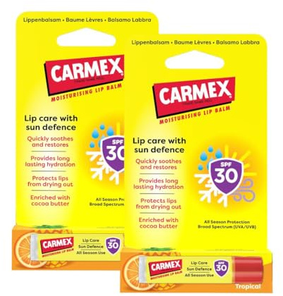 Carmex Tropical Sun Defense Feuchtigkeitsspendender und beruhigender Lippenbalsam, LSF 30, 2 Stück